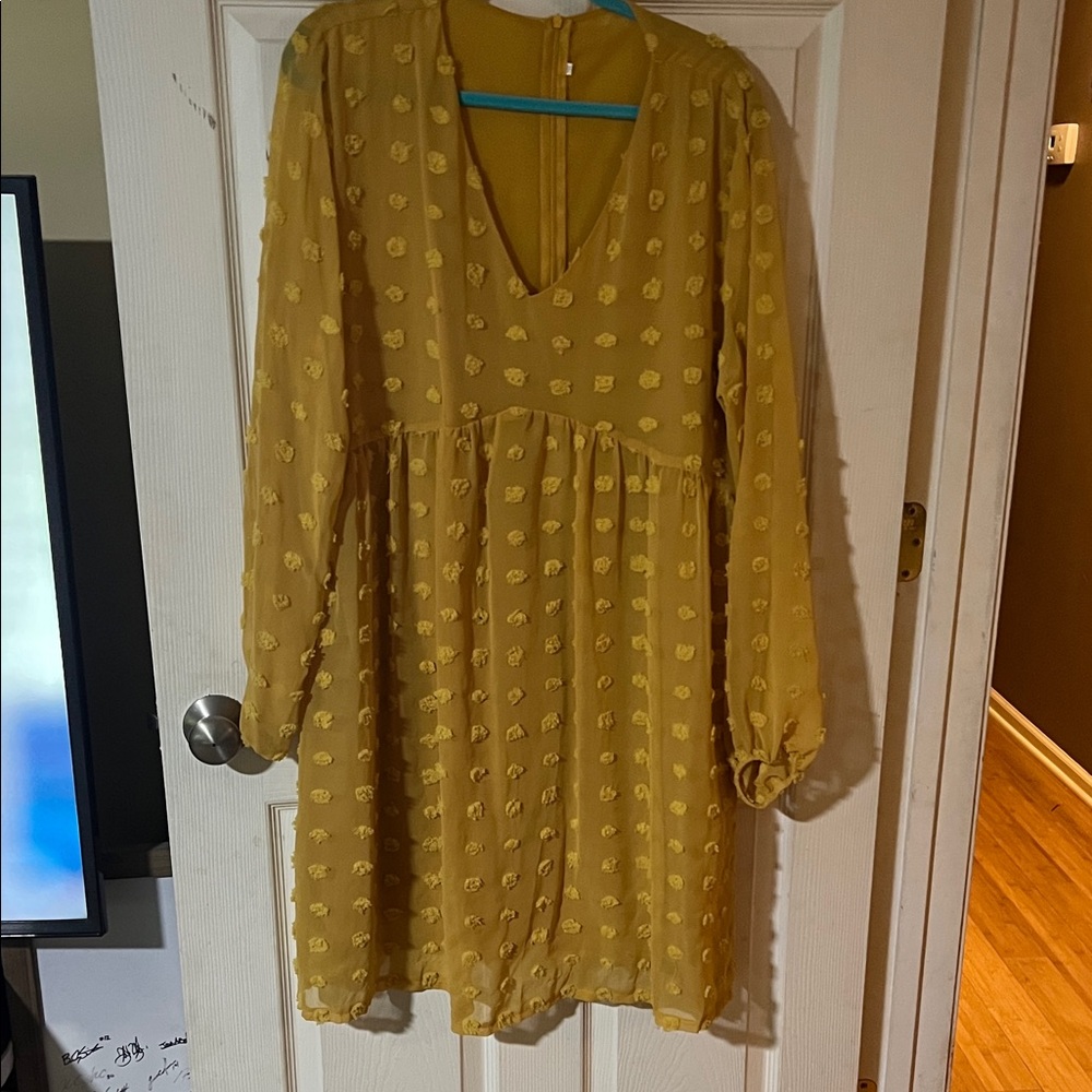 Amazon Women's Long-Sleeve V-Neck Textured Dress in Mustard Yellow 2X